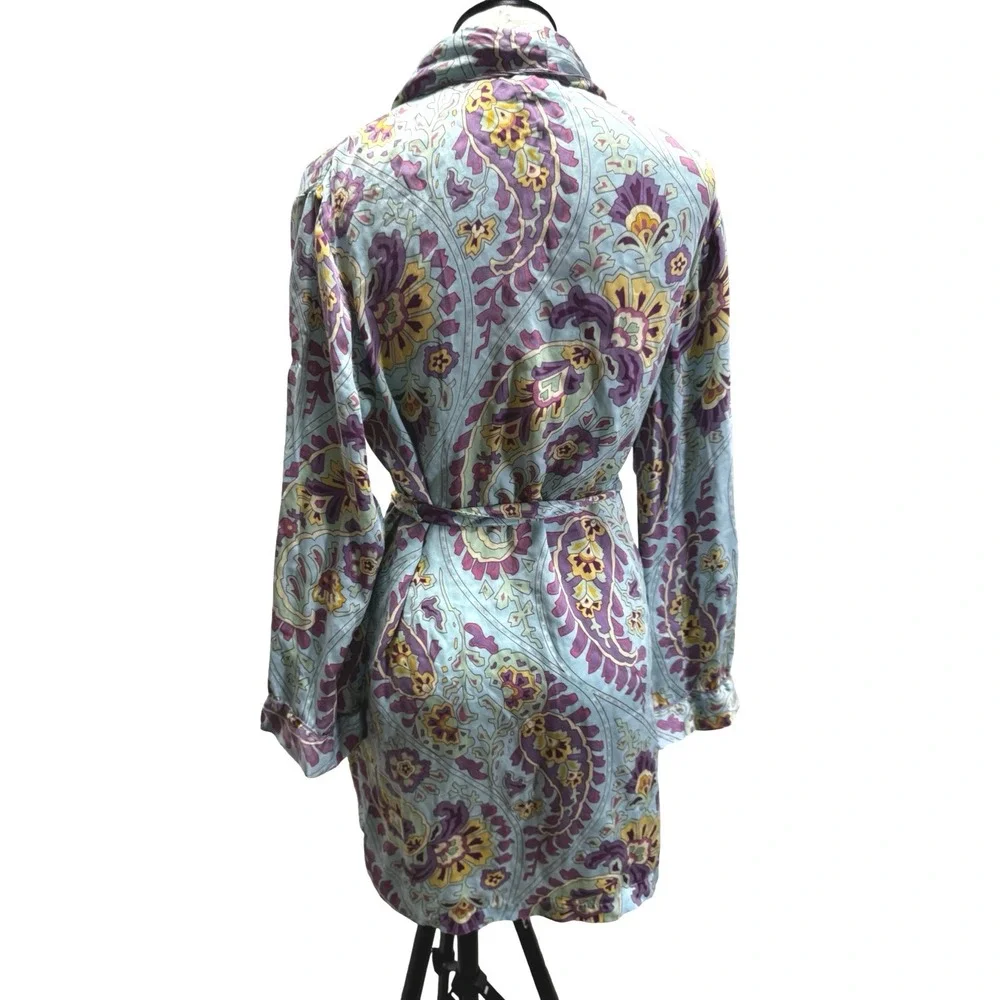 Nick & Nora Silk Robe Womens S/M Blue Paisley‎ Sleepwear Excellent Short Wrap - Picture 3 of 6